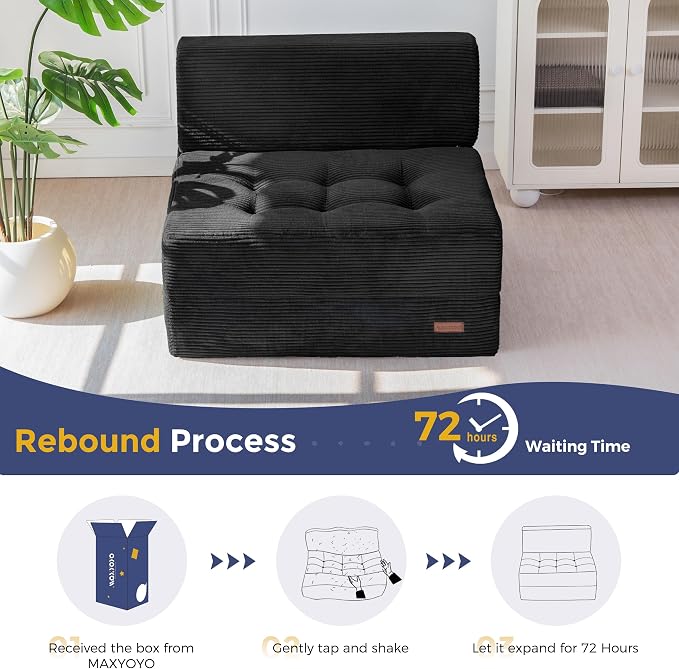 MAXYOYO 8" Folding Sofa Bed, Fold Out Chair Bed, Convertible Floor Sofa Couch, High-Density Foam Tufted Lounge Couch for Living Room Bedroom Dorm, Single, Black