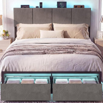 J.Fkne Queen Bed Frame with Charging Station and LED Lights, Metal Platform Bed with 2 Storage Drawers, Upholstered Headboard, Noise Free, No Box Spring Needed, Easy Assembly