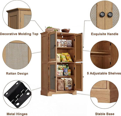 ChooChoo Bathroom Floor Cabinet, Rattan Bathroom Storage Cabinet with 4 Doors and Adjustable Shelves, Freestanding Cupboard for Living Room, Rustic Oak