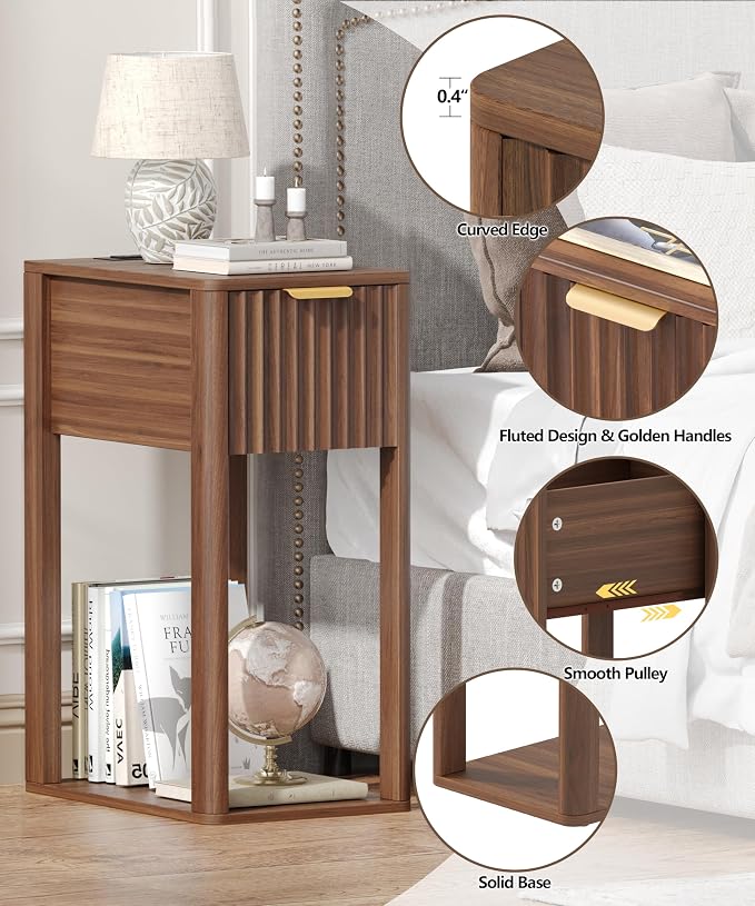 Akxomel Narrow Fluted Nightstands Set of 2, Wooden Slim Bedside Table with Charging Station, Mid-Century Modern Night Stand with Drawer and Open Shelf, Small Side End Table, for Bedroom, Walnut