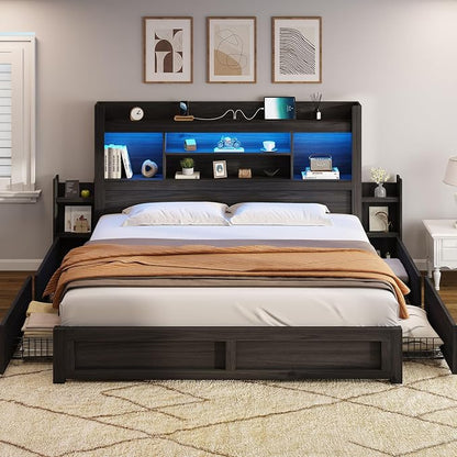 AMERLIFE King Size Bed Frame with 4 Storage Drawers, LED Bed Frame with 49.6" Tall Bookcase Headboard, Wood Platform Bed with Charging Station & 2 Slide Bedside Shelf, No Box Spring Needed/Black