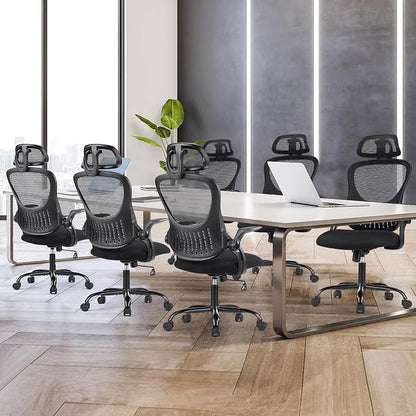 Sweetcrispy Office Computer Desk Chair, Ergonomic High-Back Mesh Rolling Work Chairs with Wheels and Adjustable Headrests, Comfortable Lumbar Support, Comfy Flip-up Arms for Home, Bedroom, Study,Black