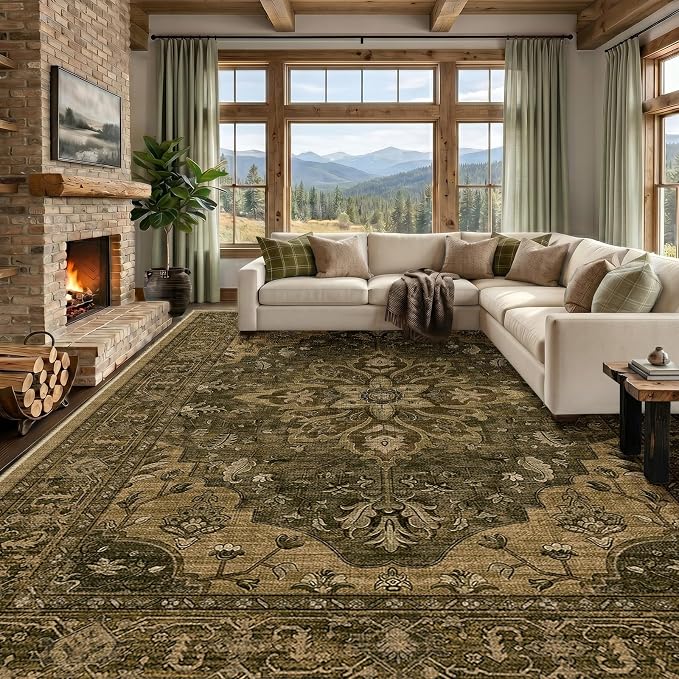 RELEANY Area Rugs Large 10'x14' Washable Non-Slip, Floral Vintage Distress Medallion Carpet for Living Room Bedroom Dining Room, Brown Dark Brown