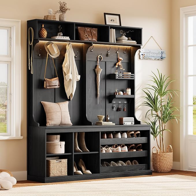 iPormis 70“ Large Hall Tree with Bench and Adjustable Shoe Storage, 6-in-1 Farmhouse Entryway Bench w/Coat Rack, Small Shelves, Top Storage for Living Room, Entryway, Led Lights, Black