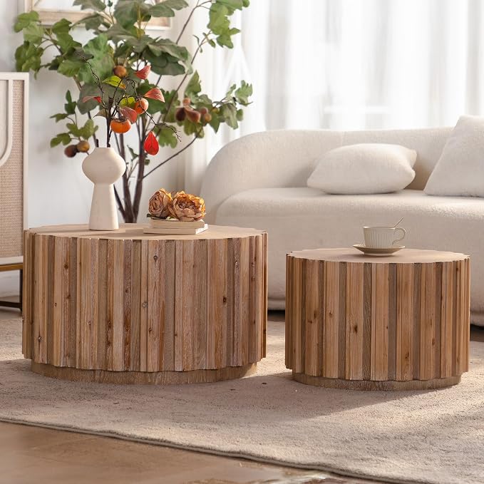 Nesting Round Coffee Table Set of 2, 27.56" Fluted Circle Accent End Table, Morden Drum Side Table, Wooden Center Table for Living Room, Fully Assembled - Natural Wood