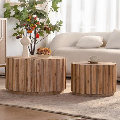 Nesting Round Coffee Table Set of 2, 27.56" Fluted Circle Accent End Table, Morden Drum Side Table, Wooden Center Table for Living Room, Fully Assembled - Natural Wood