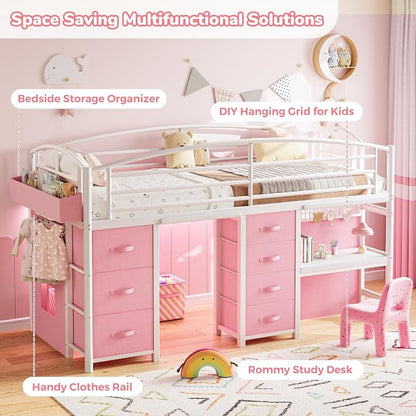 Low Loft Bed Twin Size with 7 Storage Drawers, Desk and LED Lights, Heavy Duty Metal Kids Loft Bed with 13.8" H Safety Guardrail, Anti-Collision Pad, Private Play Curtain, Under-Bed Play Space - Pink