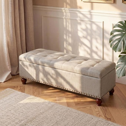 Asense 40" Storage Ottoman Bench, Faux Leather Tufted Upholstered End of Bed Bench with Safety Hinge for Bedroom,Entryway,Living Room,Light Gray