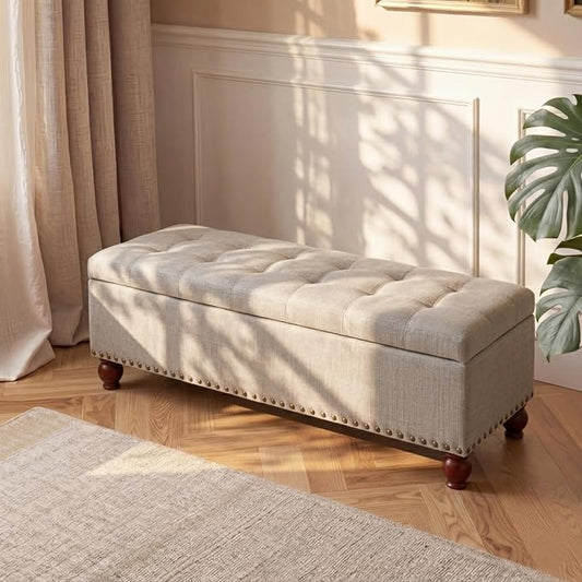 Asense 40" Storage Ottoman Bench, Faux Leather Tufted Upholstered End of Bed Bench with Safety Hinge for Bedroom,Entryway,Living Room,Light Gray