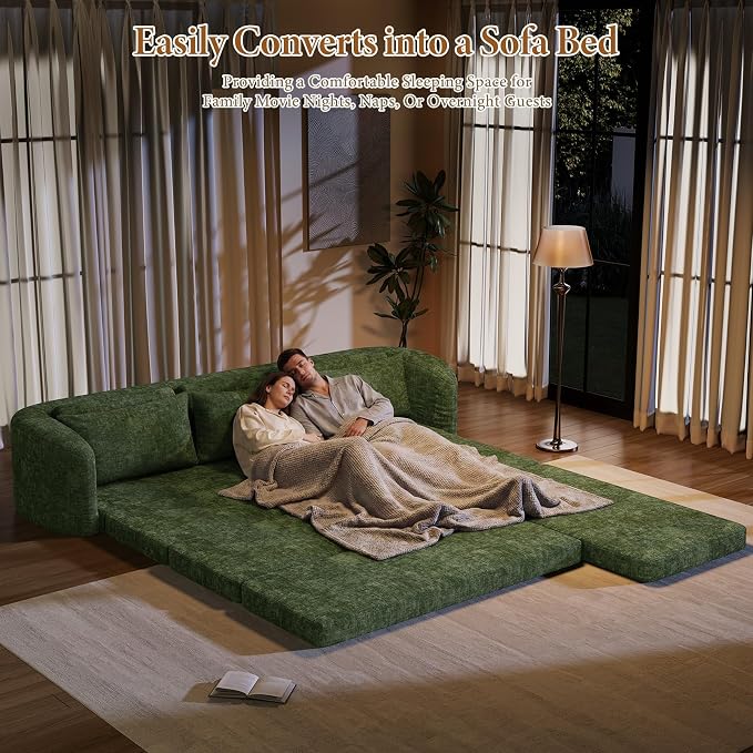 Vesgantti 6 in 1 Convertible Folding Sleeper Sofa Bed, 110.2" Boneless Sectional Couch with Curved Armrest, Chenille Modular Sofa for Living Room, No Assembly Required, Green, Right Facing Chaise