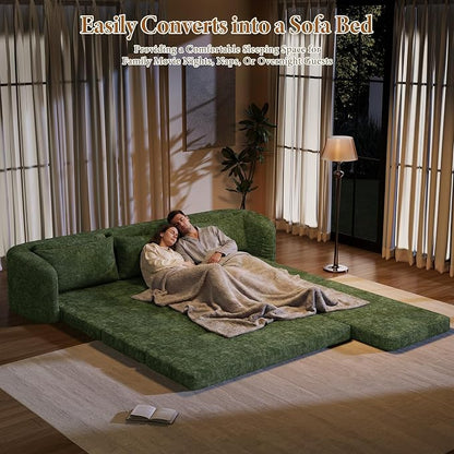 Vesgantti 6 in 1 Convertible Folding Sleeper Sofa Bed, 110.2" Boneless Sectional Couch with Curved Armrest, Chenille Modular Sofa for Living Room, No Assembly Required, Green, Right Facing Chaise