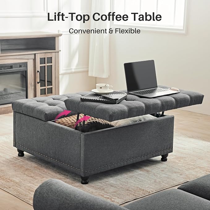 Redlife 35 Inch Large Square Storage Ottoman, Storage Ottoman Coffee Table with Lift Top Linen Ottomans Bench Square Footrest Oversized Upholstered Coffee Table for Living Room Bedroom (Dark Grey)