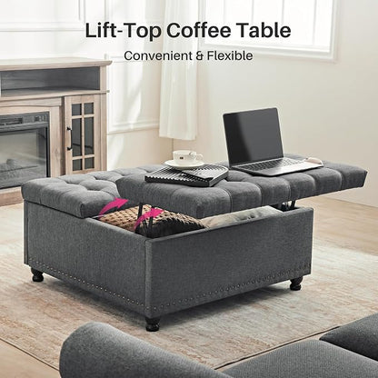 Redlife 35 Inch Large Square Storage Ottoman, Storage Ottoman Coffee Table with Lift Top Linen Ottomans Bench Square Footrest Oversized Upholstered Coffee Table for Living Room Bedroom (Dark Grey)