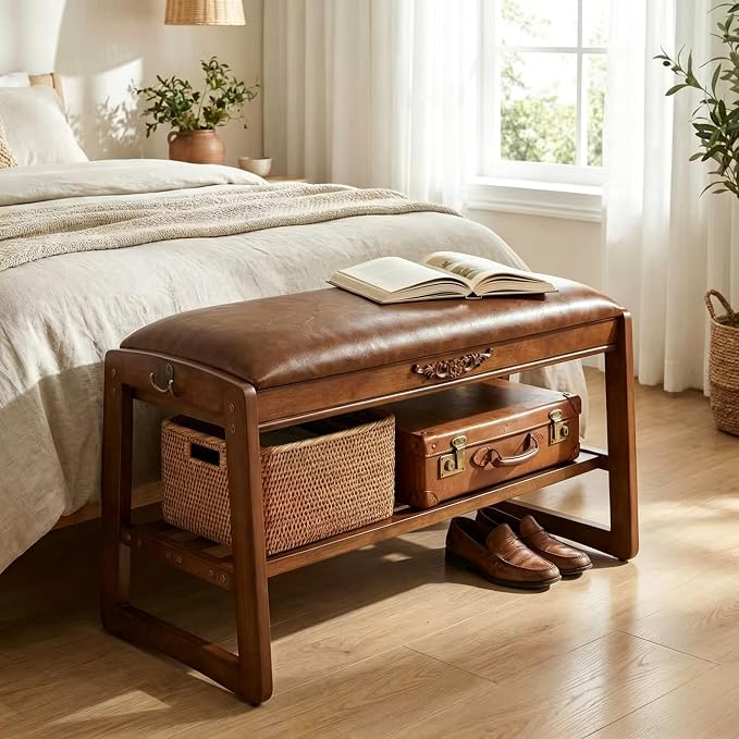 Shoe Rack Bench,2 Tiers Shoe Bench with Storage with Flip-Top,Wood Shoe Rack for Entryway,Hallway(Solid Upholstered Seat,39.4")