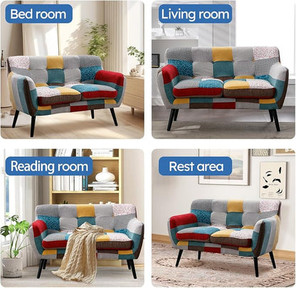 Bonzy Home Modern Colorful 3 Piece Coroful Fabric Sofa Set, Included Accent Chair and Boho 2 Loveseat, Linen Patchwork Plaid Couches with Rubberwood Legs and Removable Upholstered for Living Room