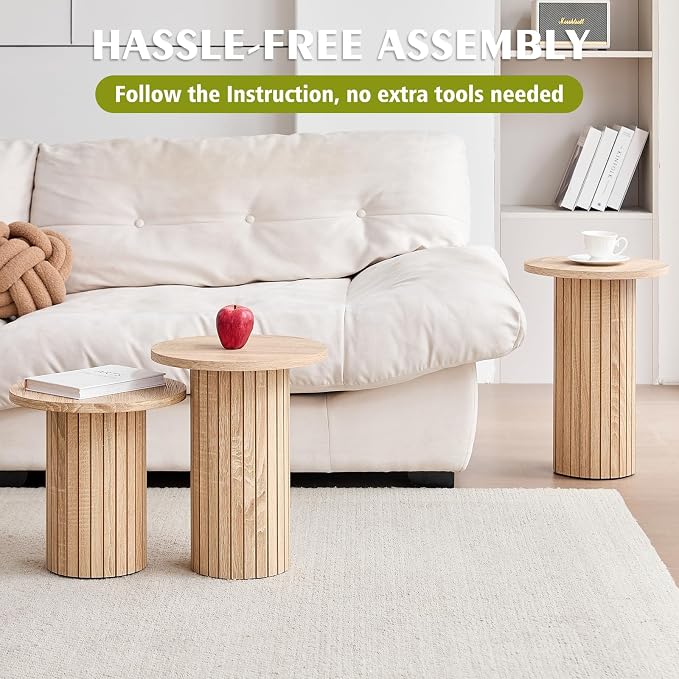 Round Side Tables Set of 3, Circle Modern Fluted Nesting Coffee Table, Accent End Table Set for Living Room and Bedroom, Natural