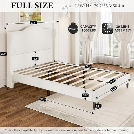 Upholstered Bed Frame with Tall Headboard, Leather Full Platform Bed Frame with Wingback Sides, Wood Slats Support, Noise-Free Design, No Box Spring Needed, Easy Assembly, White