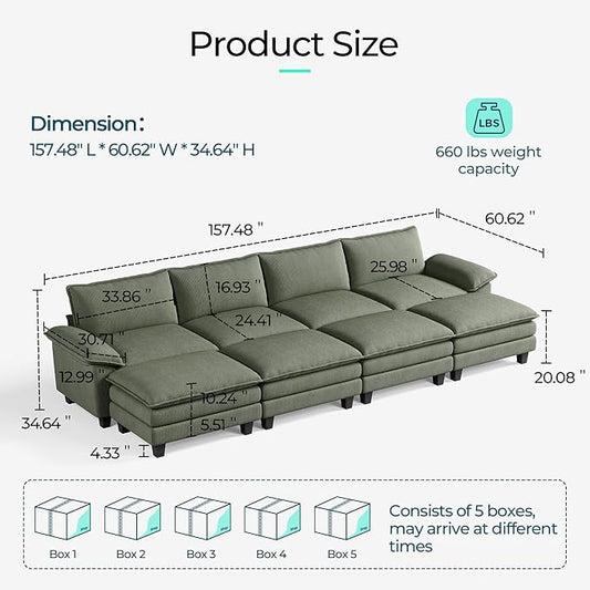 LINSY HOME 157'' Modular Sectional Sofa 4 Seat Couch Corduroy Cloud Couch with Deep Seat, Modern Cloud Couch with 4 Movable Ottoman for Living Room, Office, Bedroom, Green