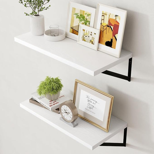 Axeman Floating Shelves for Wall White - 24 Inch Wide x 12 Inch Deep Wall Shelves Set of 2 - White Deep Wood Floating Shelves for Living Room Bedroom Laundry Room