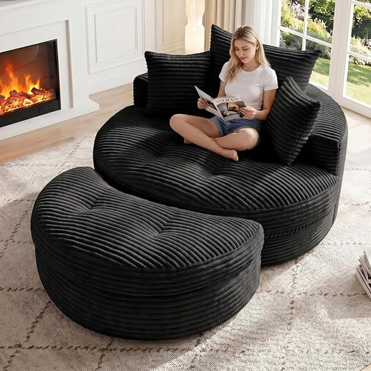 Oversized Round Chaise Lounge Chair, Deep Seat Cloud Boneless Floor Sofa Couch, Upholstered Corduroy Sleeper with 3 Pillows & Optional Ottoman, No Assembly Modern Lazy Floor Lounger for Living Room