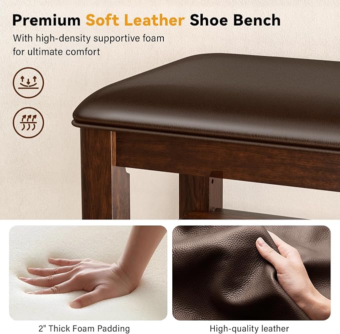 Taitiy Shoe Bench Storage Rubberwood with Leather Cushion for Entryway Bench Ideal for Hallways Shoe Rack Front Doors Entrances Mudrooms Featuring 3 Height-Adjustable and Removable Shelves