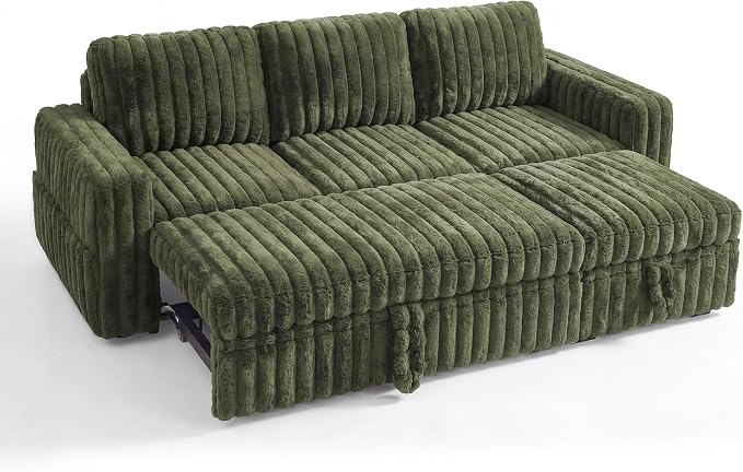HONBAY Plush Corduroy Modular Sectional Sofa with Pull Out Bed L Shaped Sleeper Sofa with Storage Sectional Couches for Living Room,Plush Green