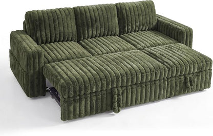 HONBAY Plush Corduroy Modular Sectional Sofa with Pull Out Bed L Shaped Sleeper Sofa with Storage Sectional Couches for Living Room,Plush Green