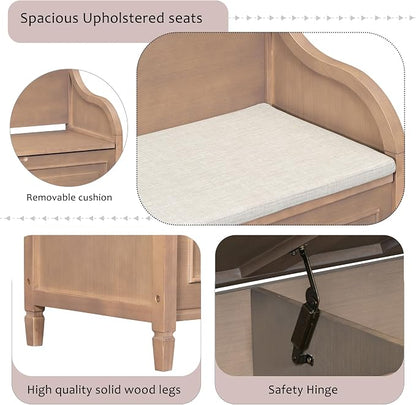 Knocbel Rustic Entry Storage Bench with Hidden Compartments and Removable Cushion, Wooden Entryway Hallway Foyer Shoe Bench Bedroom End of Bed Bench, 250lbs Weight Capacity (Brown)