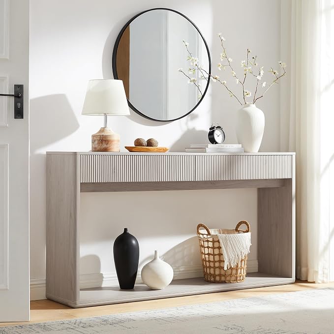 OKD 63" Fluted Console Table for Entryway, Modern Entryway Table with 2 Large Drawers, Long Sofa Table Behind Couch for Living Room, Hallway, Couch, Foyer，Alder White