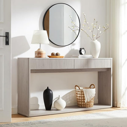 OKD 63" Fluted Console Table for Entryway, Modern Entryway Table with 2 Large Drawers, Long Sofa Table Behind Couch for Living Room, Hallway, Couch, Foyer，Alder White