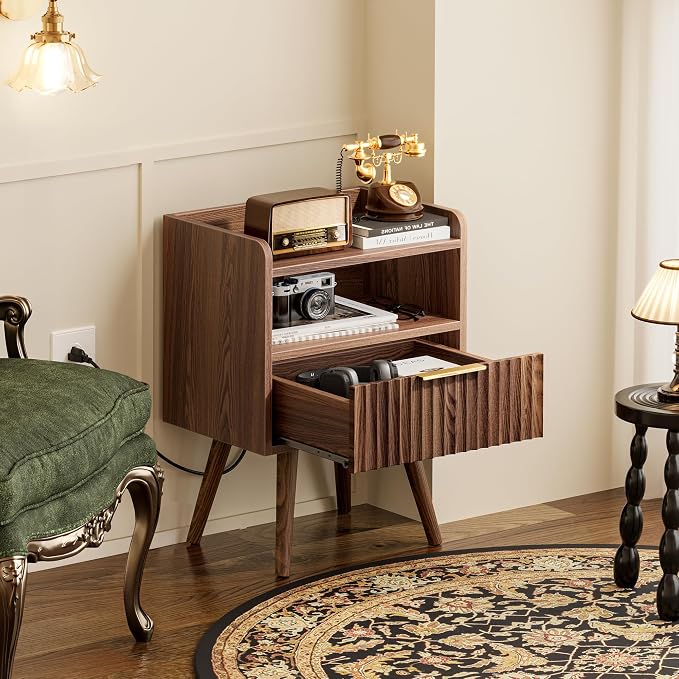 Huuger Nightstand with Charging Station, USB-C Port, Fluted Night Stand with Drawer, Bed Side Table with Solid Wood Feet, Open Storage, End Table with Raised Edge, for Bedroom, Walnut