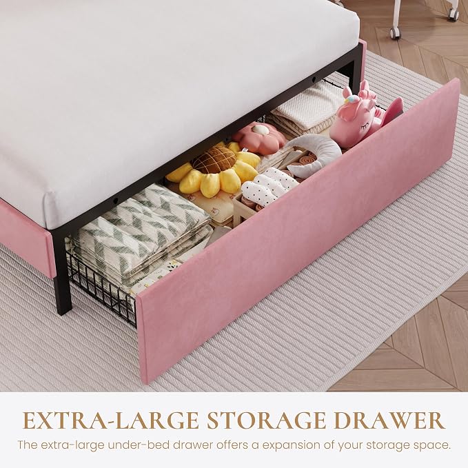 SHA CERLIN Upholstered Full Size Bed Frame with LED Lights and Large Storage Drawer, Velvet Platform Bed with Adjustable Wavy Headboard, Noise Free, Easy Assembly, No Box Spring Needed, Soft Pink