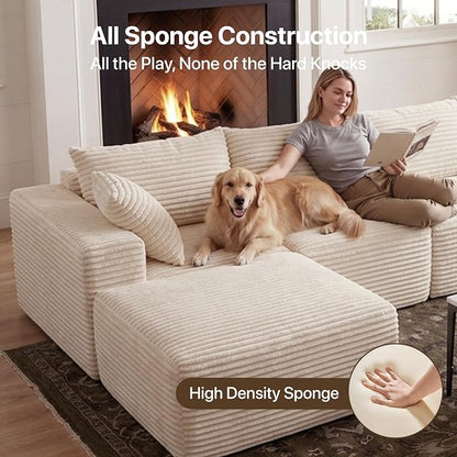 Claiks 120" Boneless Couch, Cloud Couch Sectional, U-Shape Corduroy Modular Sectional Sofa Deep Seat, Upholstered Couches for Living Room, No Assembly Required, Beige