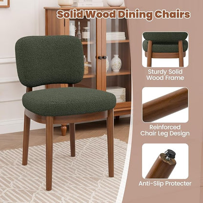 Wooden Dining Chairs Set of 6, Boucle Upholstered Kitchen Chairs with Solid Wood Legs, Mid Century Modern Dining Chairs, Farmhouse Side Chair with Hardwood Frame for Dining Room, Green
