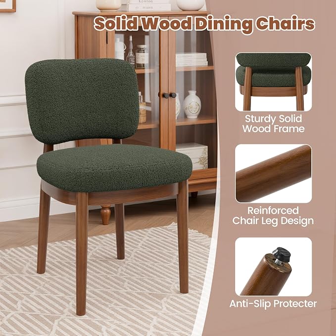 Wooden Dining Chairs Set of 2, Boucle Upholstered Kitchen Chairs with Solid Wood Legs, Mid Century Modern Dining Chairs, Farmhouse Side Chair with Hardwood Frame for Dining Room, Green