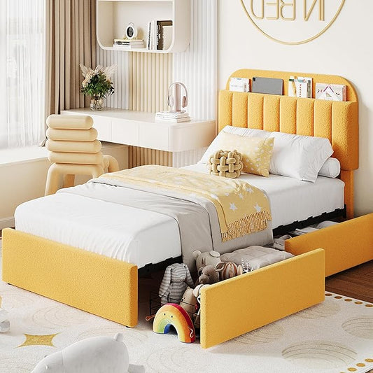 IDEALHOUSE Twin Bed Frame for Kids, Boucle Upholstered Platform Bed for Boys/Girls with 2 Flexible Drawers, Bookcase Headboard, Noise-Free, Easy Assembly, No Box Spring Needed, Yellow