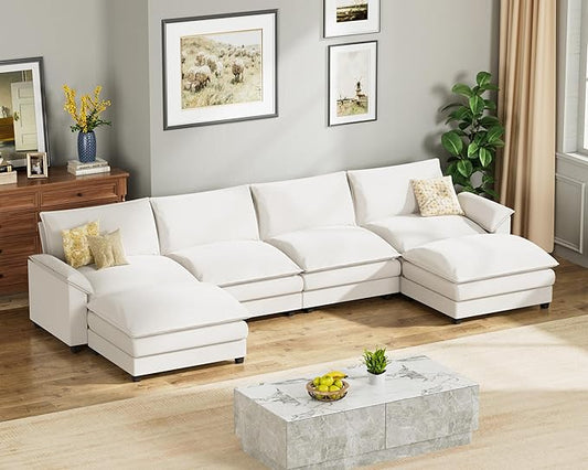 Homall 159" Modular Sectional Sofa, U Shaped Sofa Couch with Reversible Ottoman, DIY Combination Chenille Deep 4-Seat Cloud Couch for Living Room, Apartment (White, U Shaped Sofa)