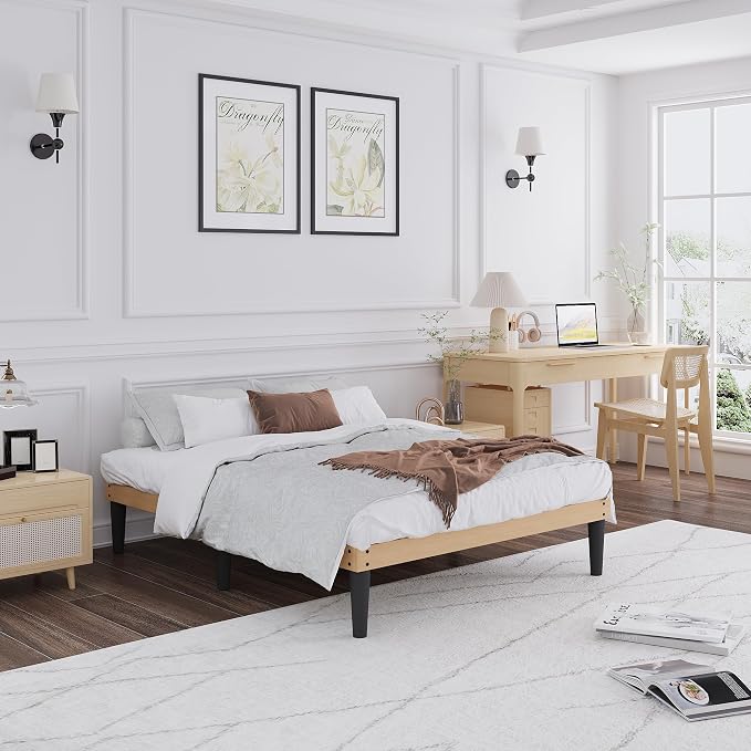 Yumori 12.9 Inch Minimalist Style Full Size Bed Frame, Wood Platform Bed with Wood Slat Support, No Box Spring Needed, Easy Assembly, Natural