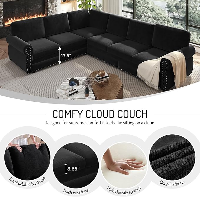 118" L-Shaped Sleeper Couch Bed - Oversize Convertible with Pull-Out Sofa Bed, Button Tufted Chesterfield Sofa, Chenille Sectional Vintage Couches for Living Room/Apartment(6-Seater, Black)
