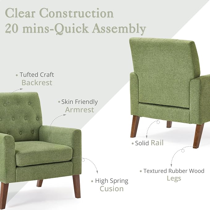 LUE BONA Linen Accent Chair 18.5" H, Upholstered Button Tufted Arm Chair, Comfy Living Room Chair with Arms, Modern Armchairs for Bedroom, Living Room, Avocado Green