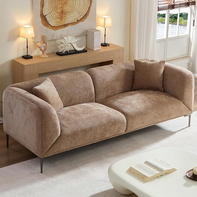 82.68" Modern Upholstered Sofa with Straight Design, Full and Soft Seating, Includes 2 Throw Pillows, 3 Seats,Fabric Couch with Metal Legs for Living Room, Office, Apartment (Camel)