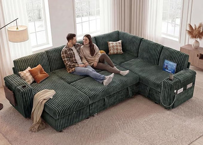 WEUP 111" Modular Sectional Sleeper Sofa with Pull Out Bed, 7 Seat Plush Corduroy L Shaped Couch with Storage Chaise|USB Ports|Cup Holders|Side Table|Storage Armrests, Tool Free Assembly, Green