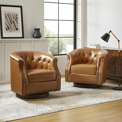 HULALA HOME Genuine Leather Swivel Accent Chairs Set of 2, Swivel Rocker Barrel Chairs, Traditional Chesterfield Armchairs with Button-Tufted Design, No Assembly Required, Camel