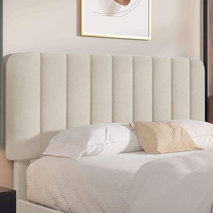 VECELO Full Size Bed Frame with Upholstered Headboard, Velvet Platform Bedframe Mattress Foundation, Strong Wood Slat Support, No Box Spring Needed,Bone Beige