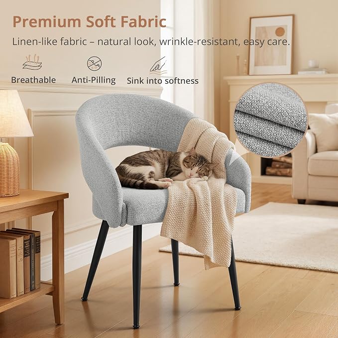 LUE BONA Modern Dining Chairs Set of 6, Upholstered Armrest Side Chairs for Kitchen & Dining Room, 18.5" Seat Height, Comfortable Curved Hollow Backrest, Black Metal Legs, Easy Assembly, Light Grey