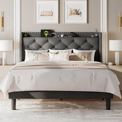 Feonase Full Size Bed Frame with Luxury Wingback and Fast Charging Station,Full Upholstered Button Tufted Storage Headboard Platform Bed,Sturdy Wooden Slats Support,Noise-Free, Easy Assembly,Dark Gray