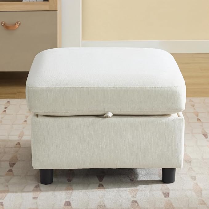 WUTUTUEE 25" Square Storage Ottoman for Modular Sectional Sofa, Convertible Couch Footrest with Hidden Compartment, Chenille Upholstered Coffee Table & Extra Living Room Seating, Beige