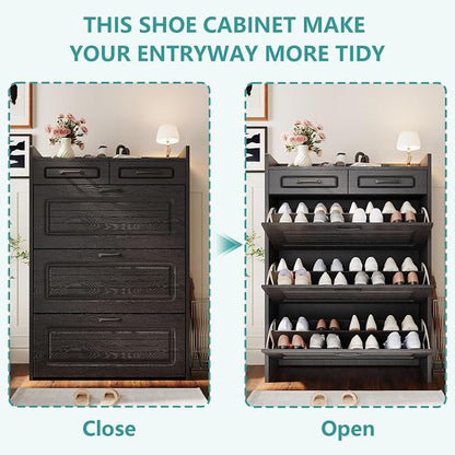 Shoe Cabinet Storage for Entryway with 3 Large Flip Drawers & 2 Storage Drawers, Narrow Shoe Organizer Cabinet Fits for Kinds of Shoes, Slim Shoe Storage Cabinet for Entryway, Hallway, Black