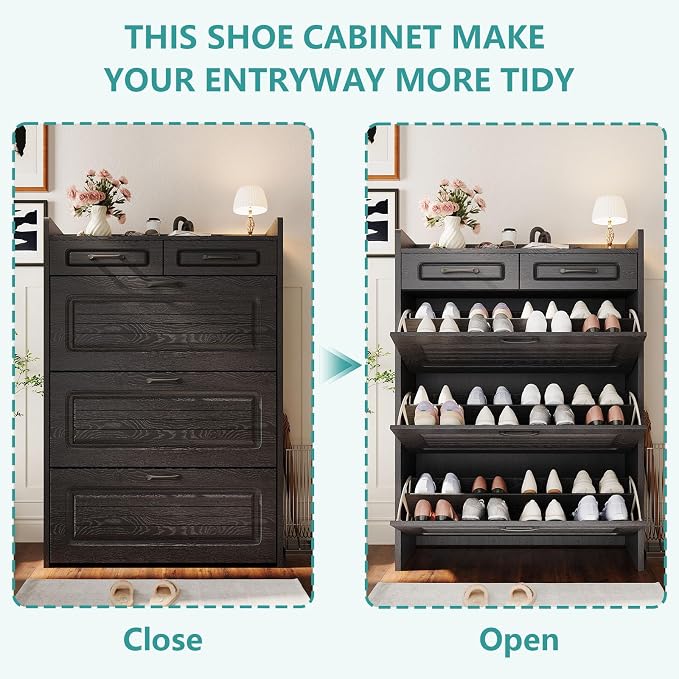 Shoe Cabinet with 3 Large Flip Drawers and 2 Storage Drawers, Narrow Shoe Organizer Cabinet Fits for Kinds of Shoes, Slim Shoe Storage Cabinet for Entryway, Hallway, Black