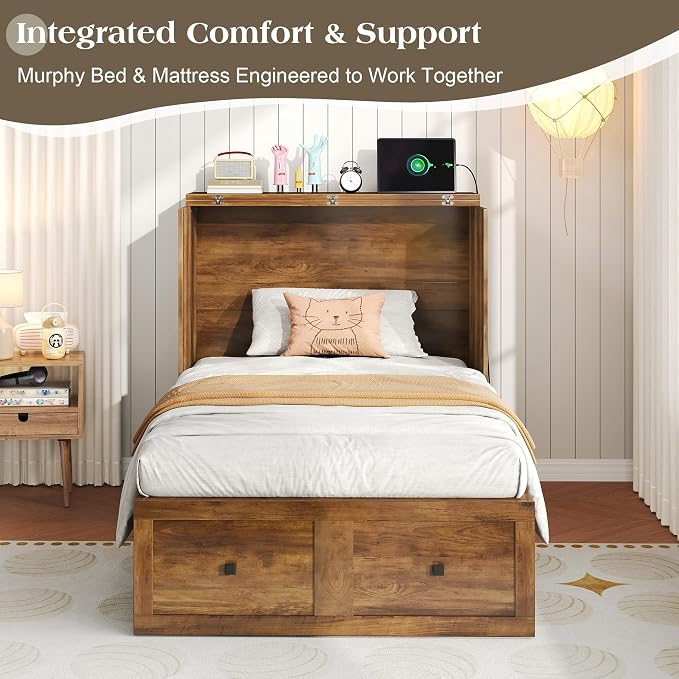 LUXOAK Twin Murphy Bed with 6" White Tri-Fold Memory Foam Mattress, Storage Drawer & Charging Station, Space-Saving Design for Home Office or Guest Room, Barnwood